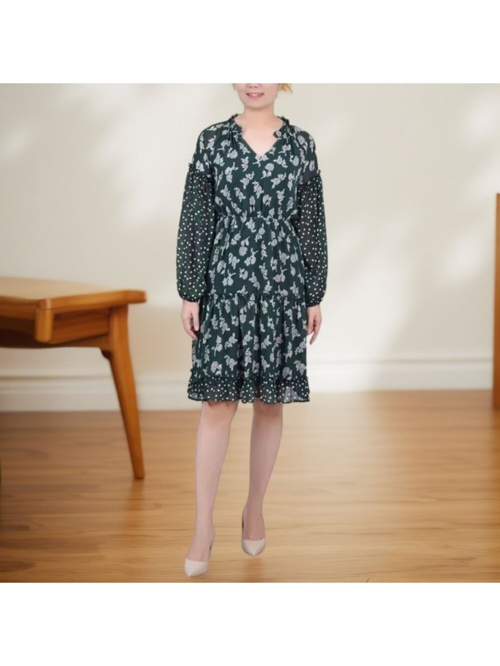 NY Collection Womens Long Sleeves Floral Combo Chiffon Dress Green Size PL NWT
